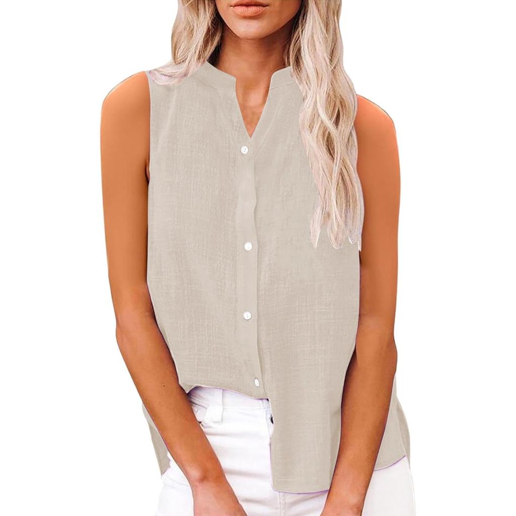 Women's Fashion Color Casual Sleeveless Cardigan Button Loose Cotton Linen Shirt Top