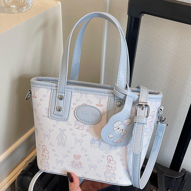 Textured Bucket Bag Women's New Cartoon Printed Portable Shoulder Bag Fashionable Splicing Commuter Messenger Bag