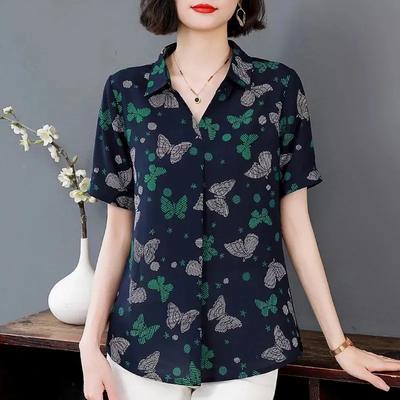 Summer New Style Printed Lapel T-shirt Women's Plus Size Age-reducing Women's Shirt Middle-aged Style Top