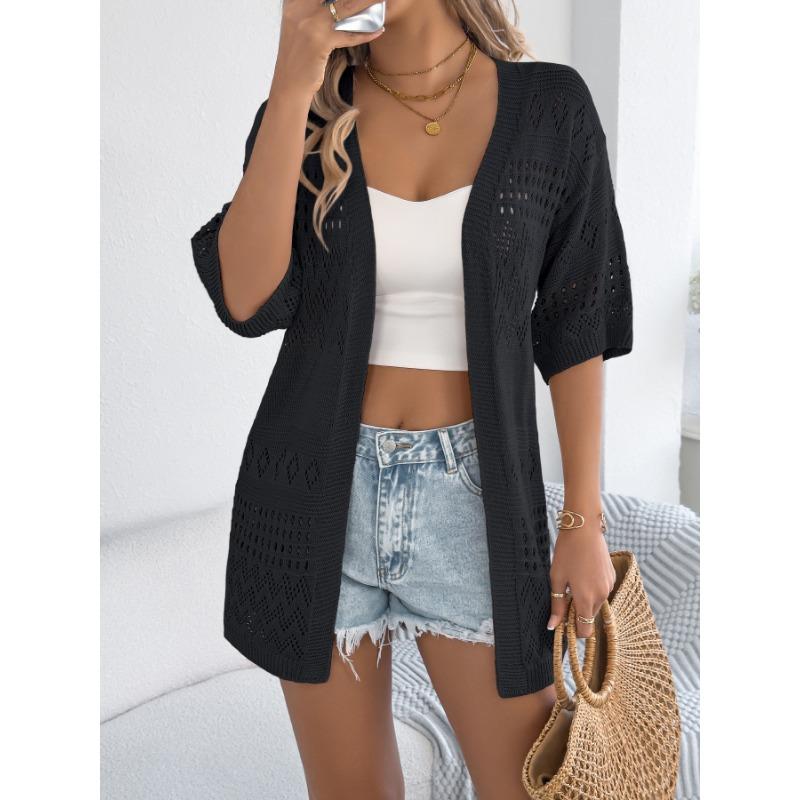 Women Solid Hollow Out Five Quarter Sleeve Knit Open Cardigan Casual Vacation Thin Outerwear