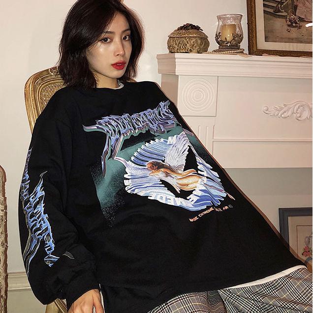 

Толстовки в стиле Харадзюку, флисовая женская корейская уличная одежда, толстовка с круглым вырезом и принтом ангела, белые топы, женские осенне-зимние Kpop XXL чёрный