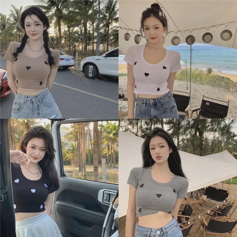 2024 Summer High-Waist Knitted Embroidery Slim Fit Short T-Shirt for Women