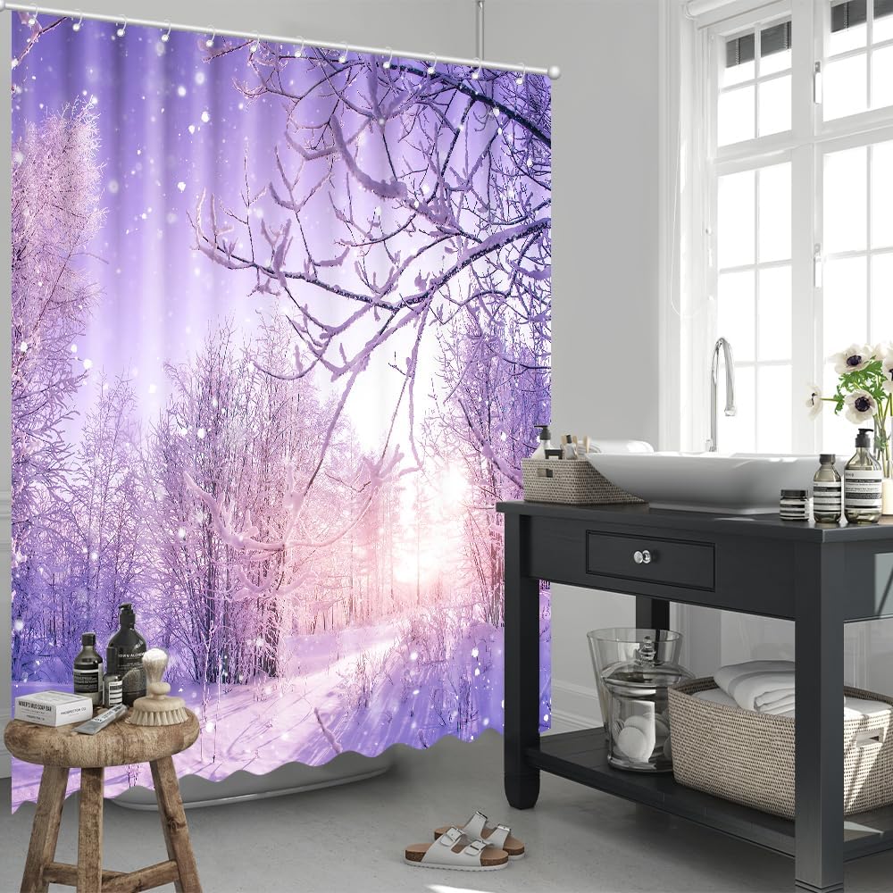 Winter Snowing Landscape Shower Curtain Christmas Winter Wonderland Snowflake Home Bathroom Decorations Snowy Forest Bathtub