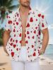 New Men's Casual Short-Sleeve Shirt with White Base and Red Hearts of Various Sizes, Versatile Top for Holiday Parties and Commuting, Machine-Washable