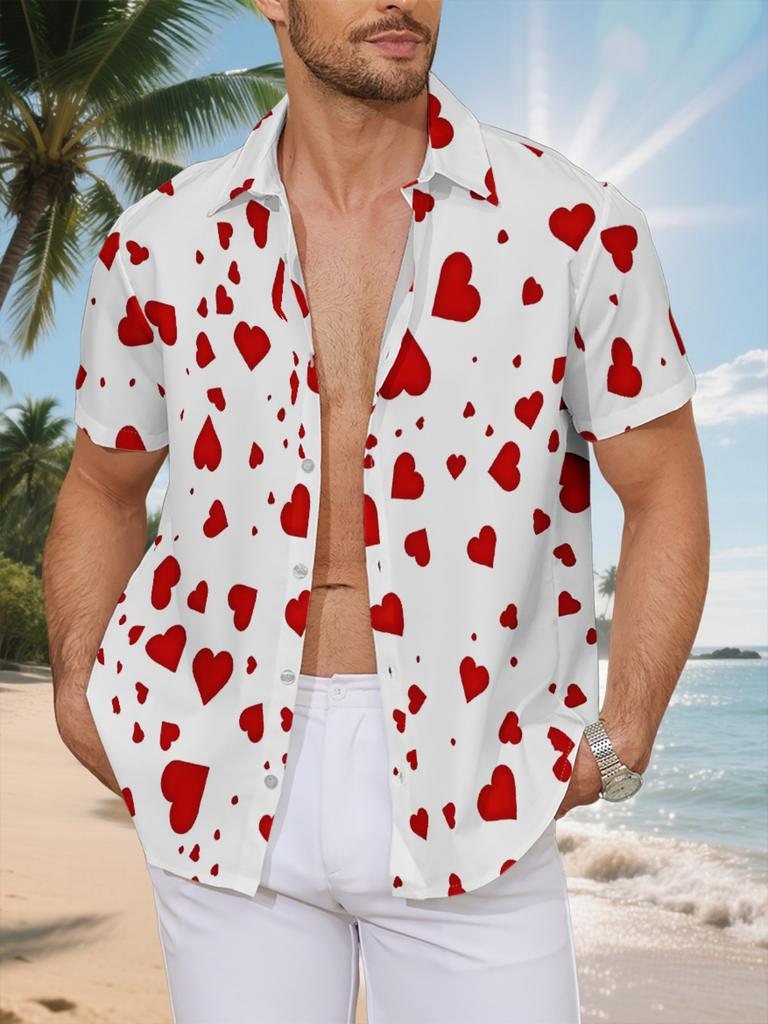 New Men's Casual Short-Sleeve Shirt with White Base and Red Hearts of Various Sizes, Versatile Top for Holiday Parties and Commuting, Machine-Washable