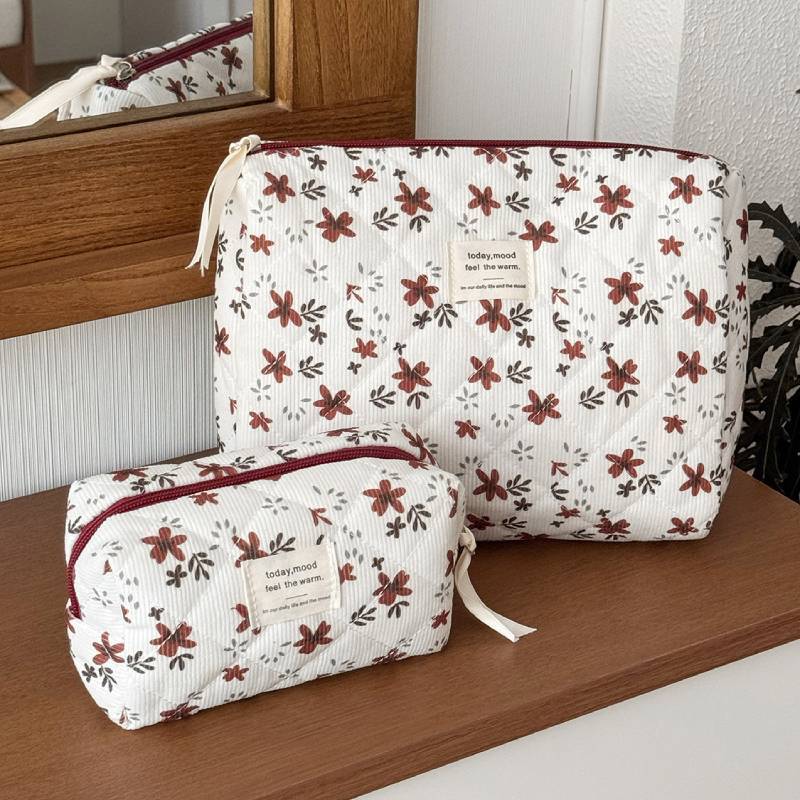 Corduroy Floral Makeup Bag With Large Capacity For Daily Travel And Storage