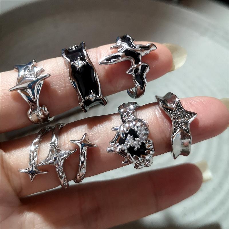New Fashhhion Punk Dark Vintage Cross Star Heart Open Rings For Women Y2K Style Grunge Goth Accessories Jewelry Gift