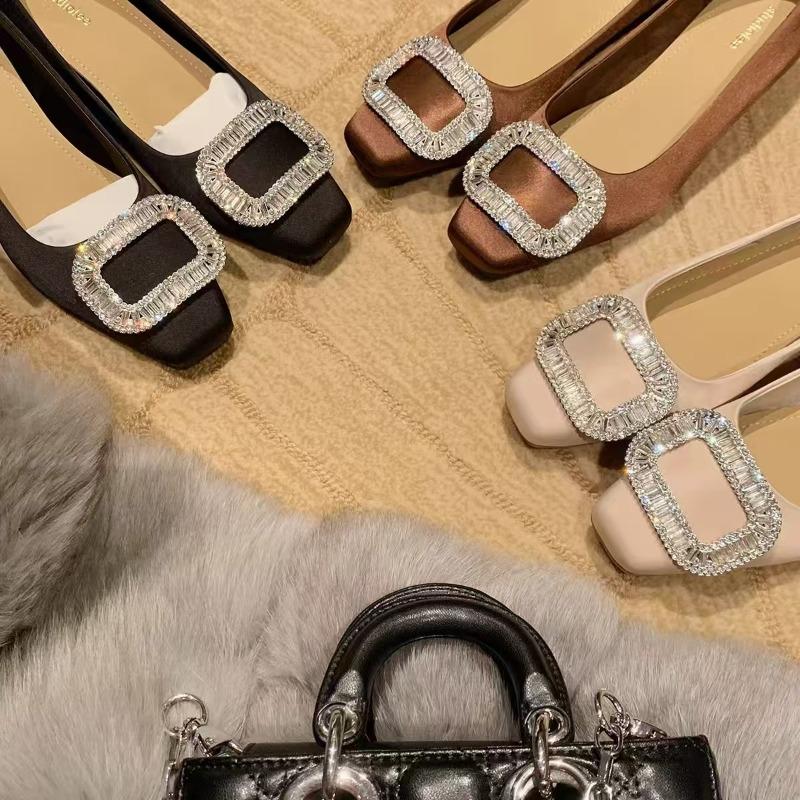 Diamond buckle exquisite small square head satin light mouth thick heel Mary Jane shoes flat single shoes women