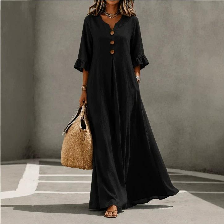 European and American Autumn Women's V-neck Seven-quarter-sleeved Holiday Cotton and Linen Blended Casual Long Dress
