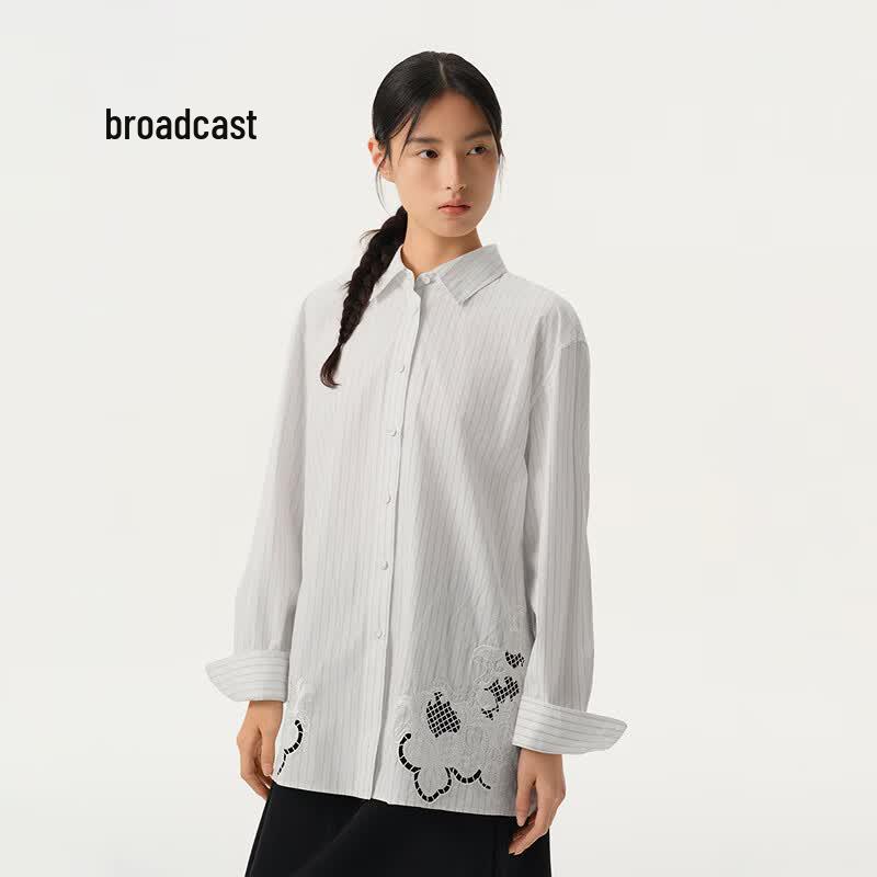 Broadcast Lace Embroidery Striped Lapel Long Sleeve Shirt L