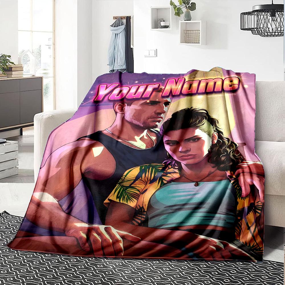 1pc Personalized Name GTA Blanket, Gift, for Men and Women, Soft Blanket, Good for Sofa Bed Couch Travel, Lightweight Flannel Blanket