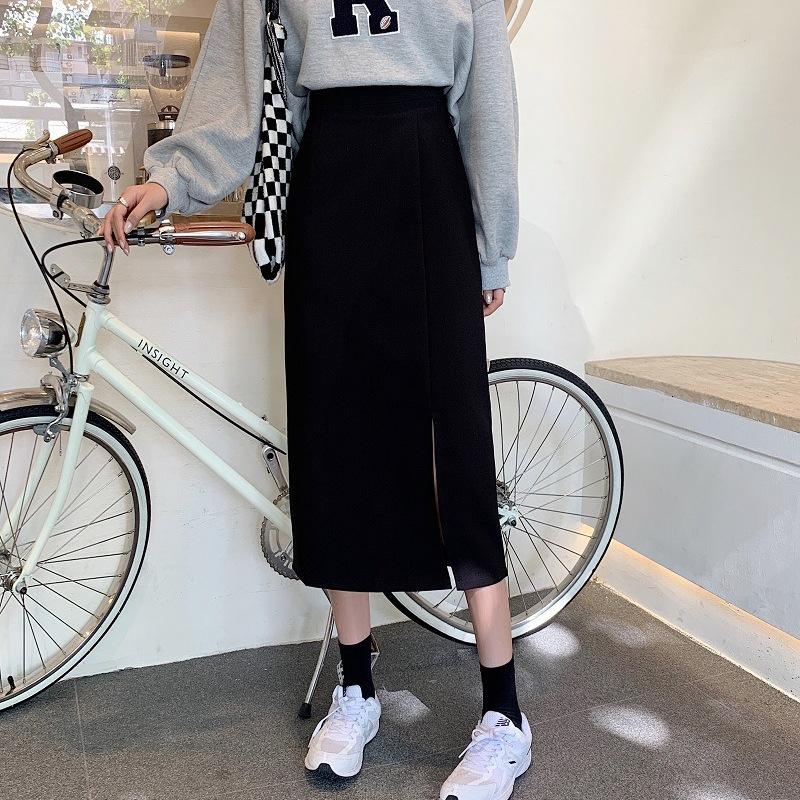 

Женская осенняя юбка средней длины с разрезом, корейский стиль, высокая талия, черные юбки А-силуэта S