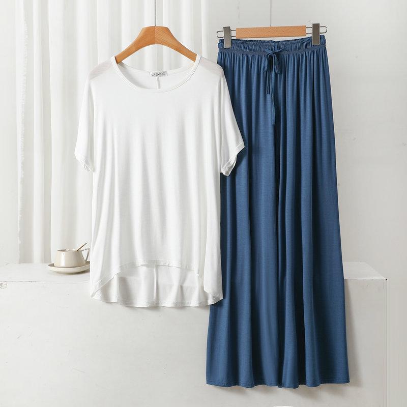 Damen Übergröße Freizeit-Pyjama-Set: Modal Rundhals Kurzarm Oberteil & Weitbeinige Hose
