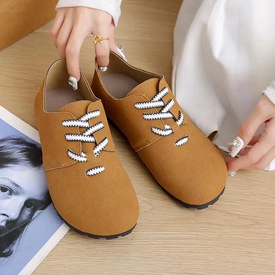 Fashion Womens Loafers Shoes Round Toe Low Heels Autumn Footwear Slip-on Retro Lace Up Anti-slip Flats Autumn Outdoor Versatile Fashion