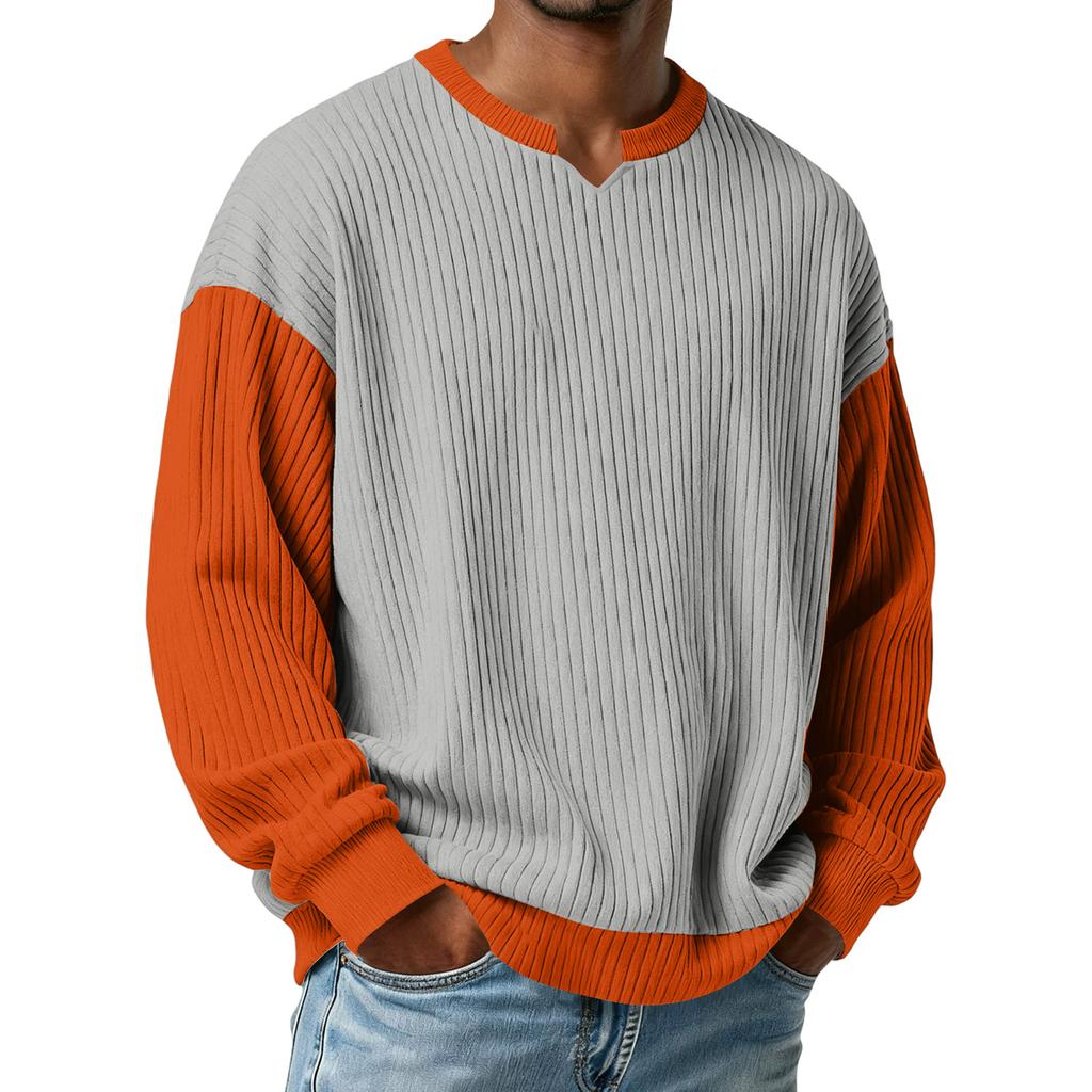 Herrars Färgblockerad Stilfull V-ringad Ribbad Texturerad Långärmad T-shirt