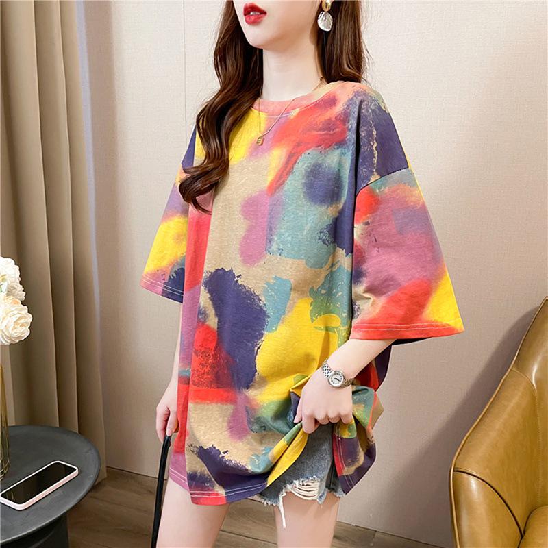 Korean Style Tie-Dye Gradient Loose Plus Size Women's Summer T-Shirt