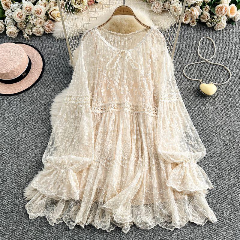 

Lace Embroidery round Neck Dress Summer Retro French style Loose Slimming Plus size Travel Vacation Seaside Beach Skirt Light apricot Two-piece set All yards