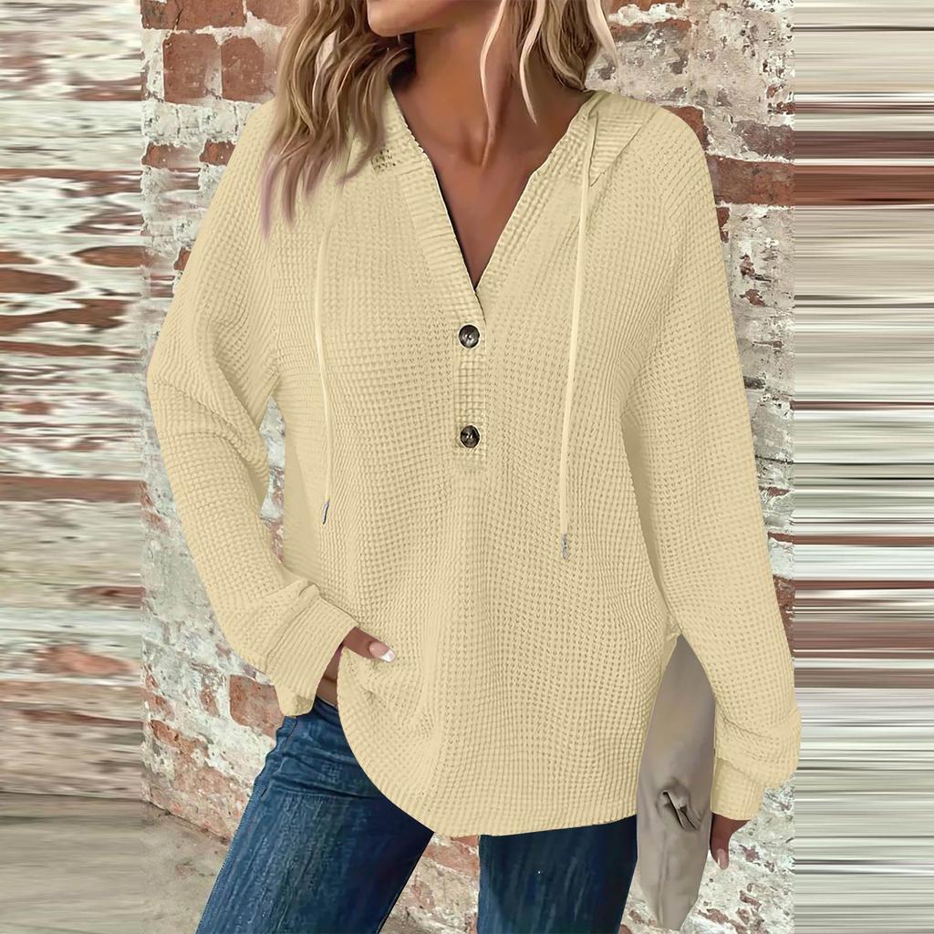 Women's Fashion Long Sleeve Drawstring Hooded Button V-Neck Casual Hooded Sweatshirt Top