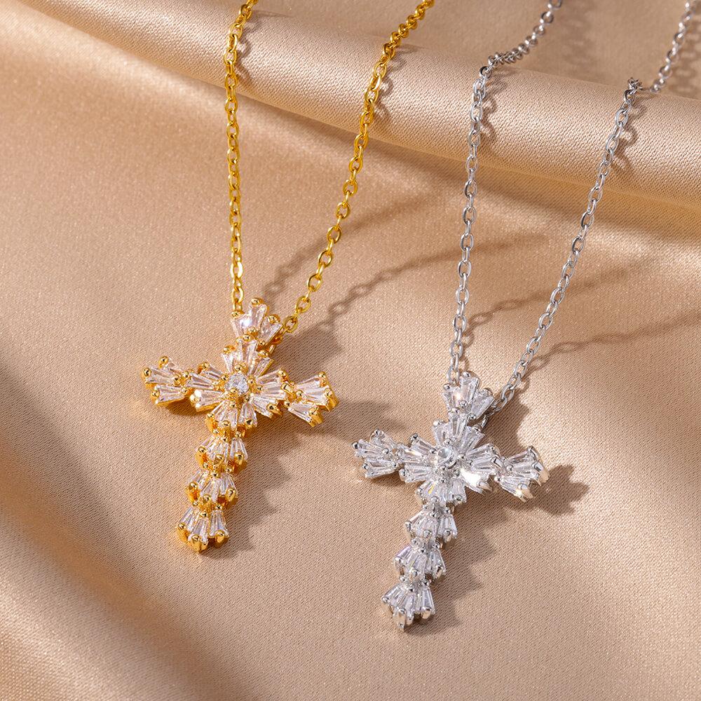 Exquisite Cubic Zirconia Flower Shape&Cross Pendant Necklace for Women Stainless Steel Crystal Cross Necklaces Luxury Jewerly