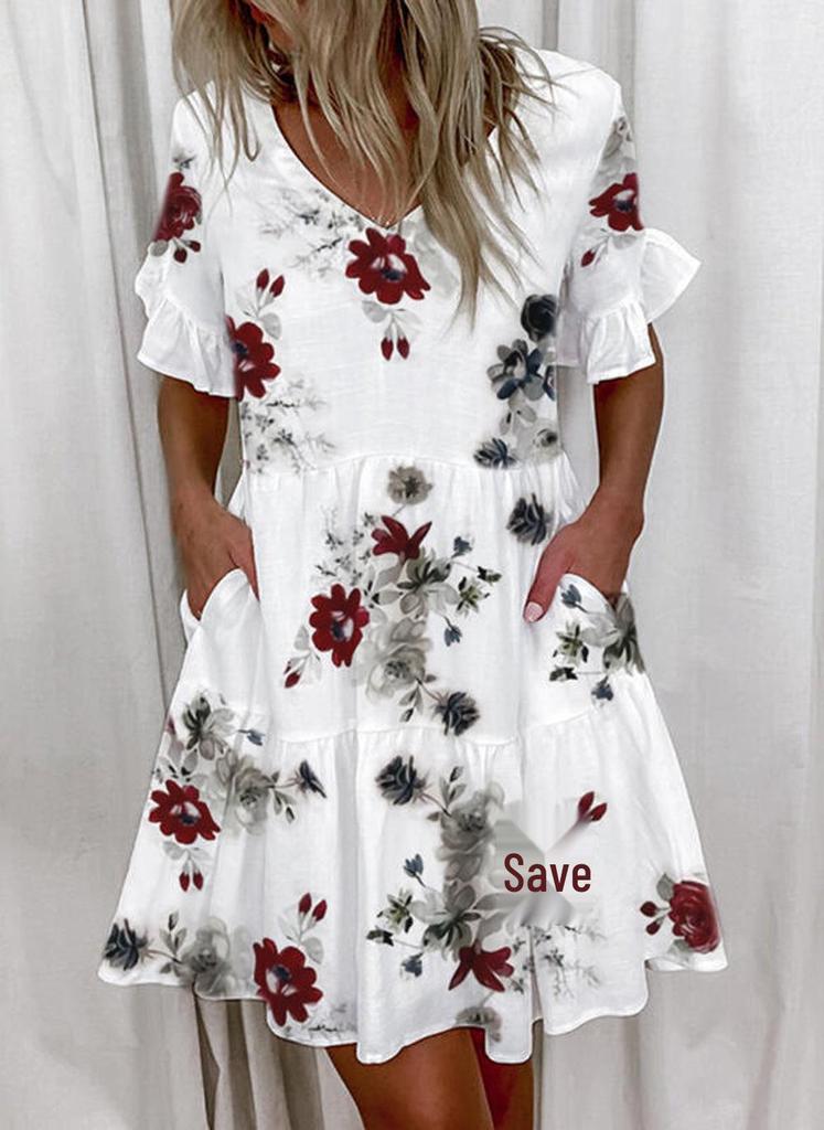 2025 European and American Women's Ruffle Pocket Printed Dress