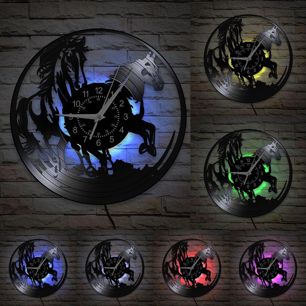 Running Horses Vinyl Record Wall Clock for Farmhouse Home Decor Wildlife Artwork Equestrian Carved Music Album Handicrafts Clock