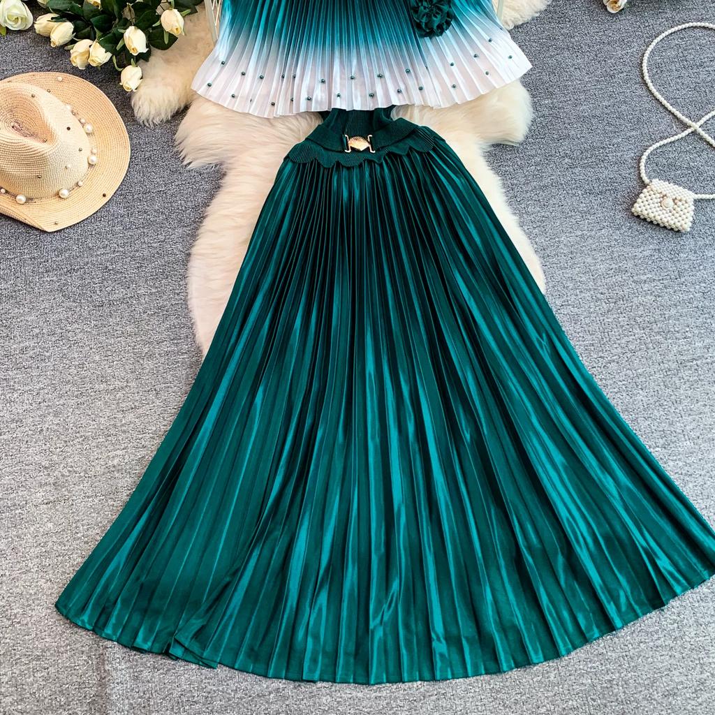 Elegant Gradient Shiny Pleated Dress Cape Shoulder Pearl Beads 3D Floral Applique Scalloped Waist Belt A Line Midi Dress