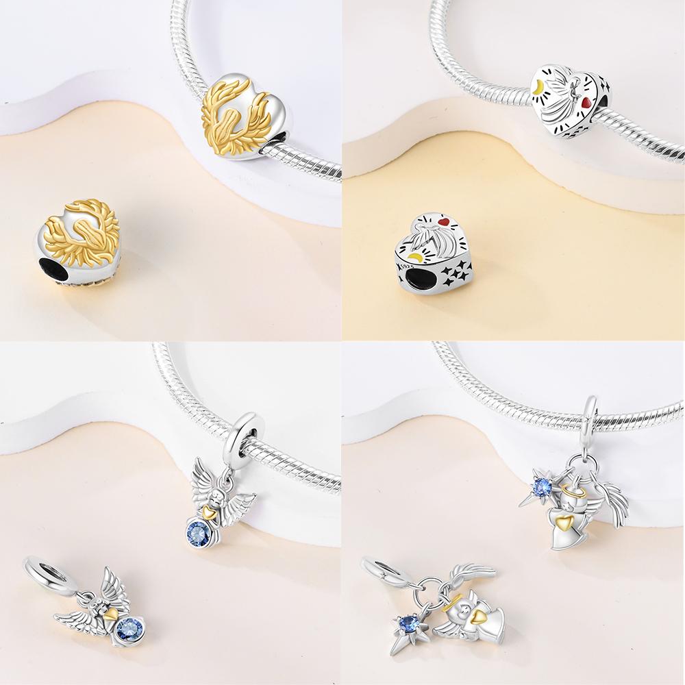 New Silver 925 Angel Sculpture Charms Heart Beads Fit Bracelet for Women Jewelry Party Beads DIY Fine Jewelry Gifts