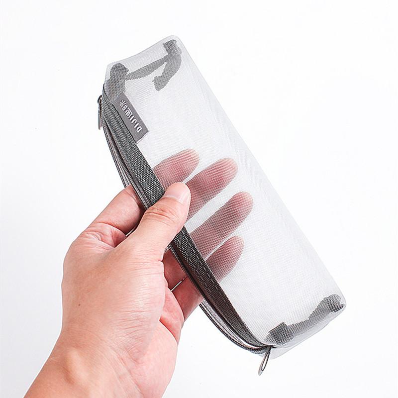 1PC Makeup Bags Case White Gray Black Large Capacity Mash Transparent Cosmetic Brush Bags Students Long Style Nylon Pencil Case