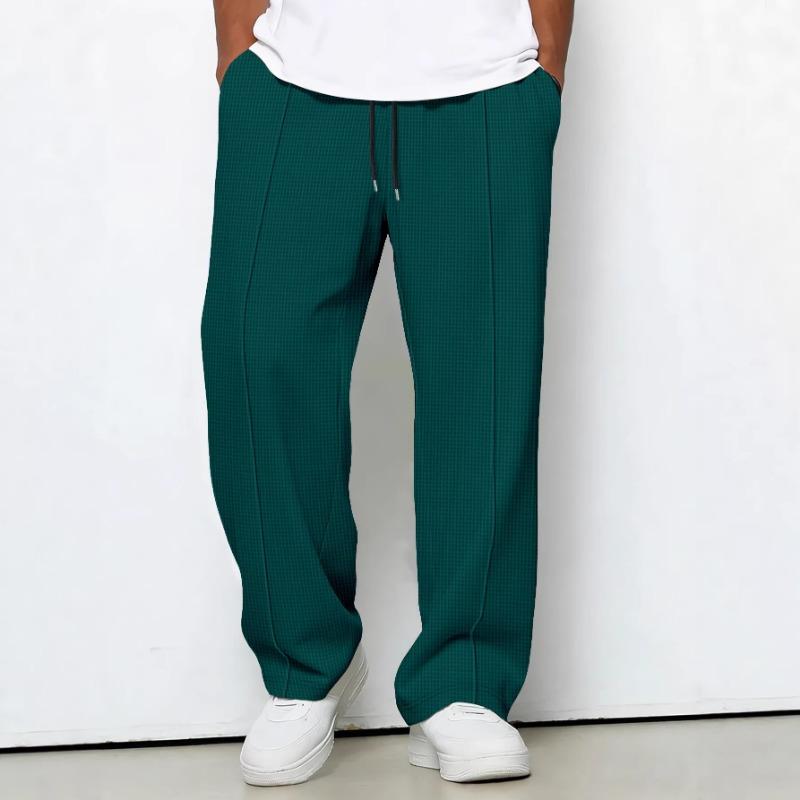 Mens Gray Waffle Knit Drawstring Waist Wide Leg Casual Pants