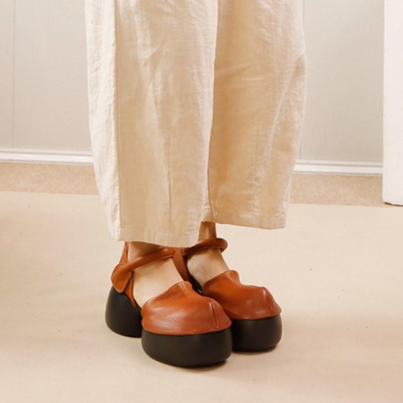 Johnature Vintage Genuine Leather Sandals Round Toe Solid Color Versatile Women's Platform Shoes