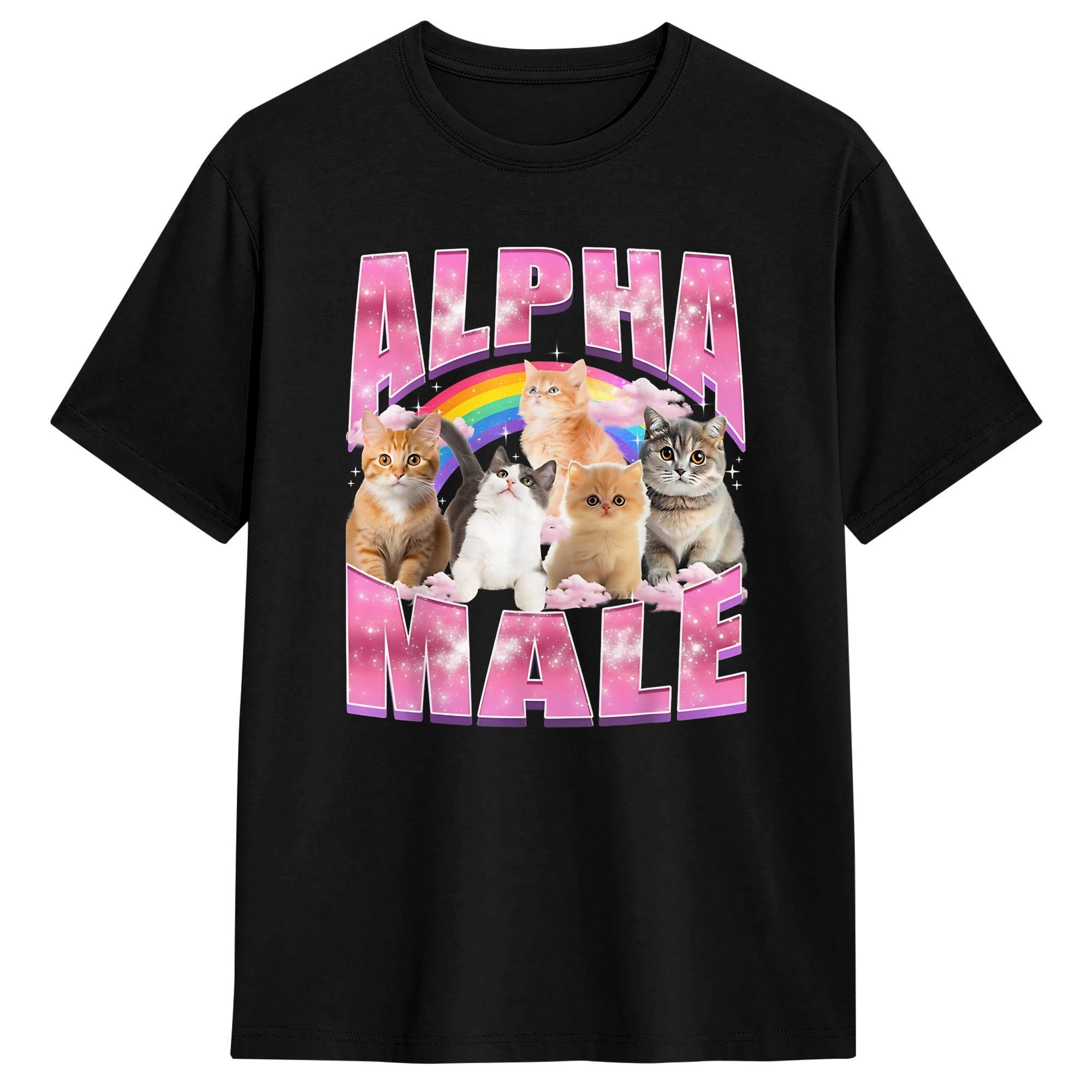 Unisexs Alpha Male Funny Cat Kitten Rainbow Floral TShirts  Pure Cotton Clothes Summer Vintage ShortSleeved TShirt O Neck S