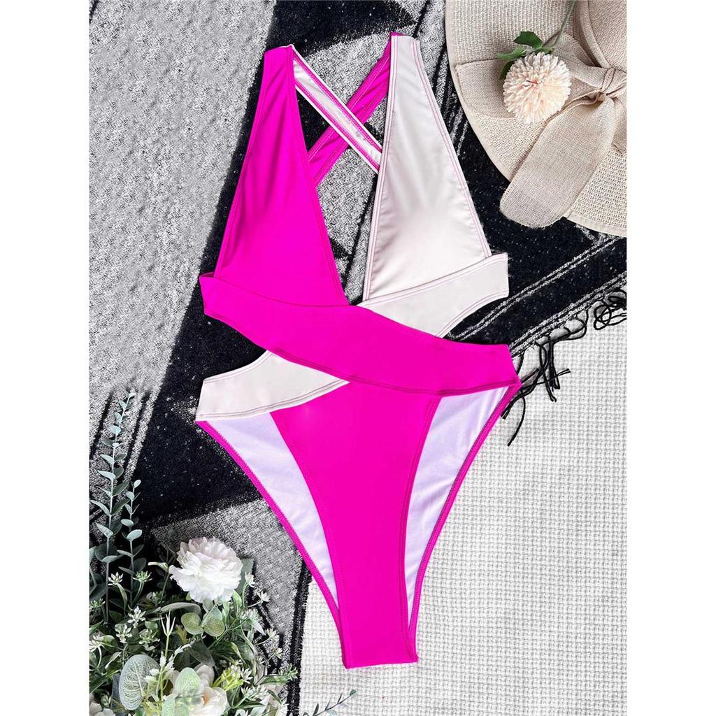 Splicing Deep V Neck Cross Back One Piece Swimsuit Women Swimwear Female Monokini Scrunch Butt Bather Bathing Suit Swim