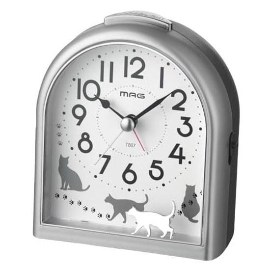 MAG Alarm Clock Table Analog Cat Animal Cute Children Silent Continuous Second Hand Electronic Sound Snooze Light Silver Approximately 12.8 Cm Tall