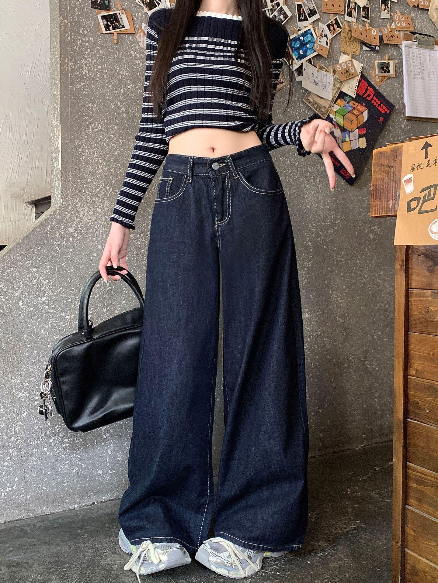 

Женские джинсы широкого кроя: Американо-корейский стиль, Универсальные, Свободные, Стройнящие, Драпирующиеся брюки-швабры для весны и осени XXL темно-синий