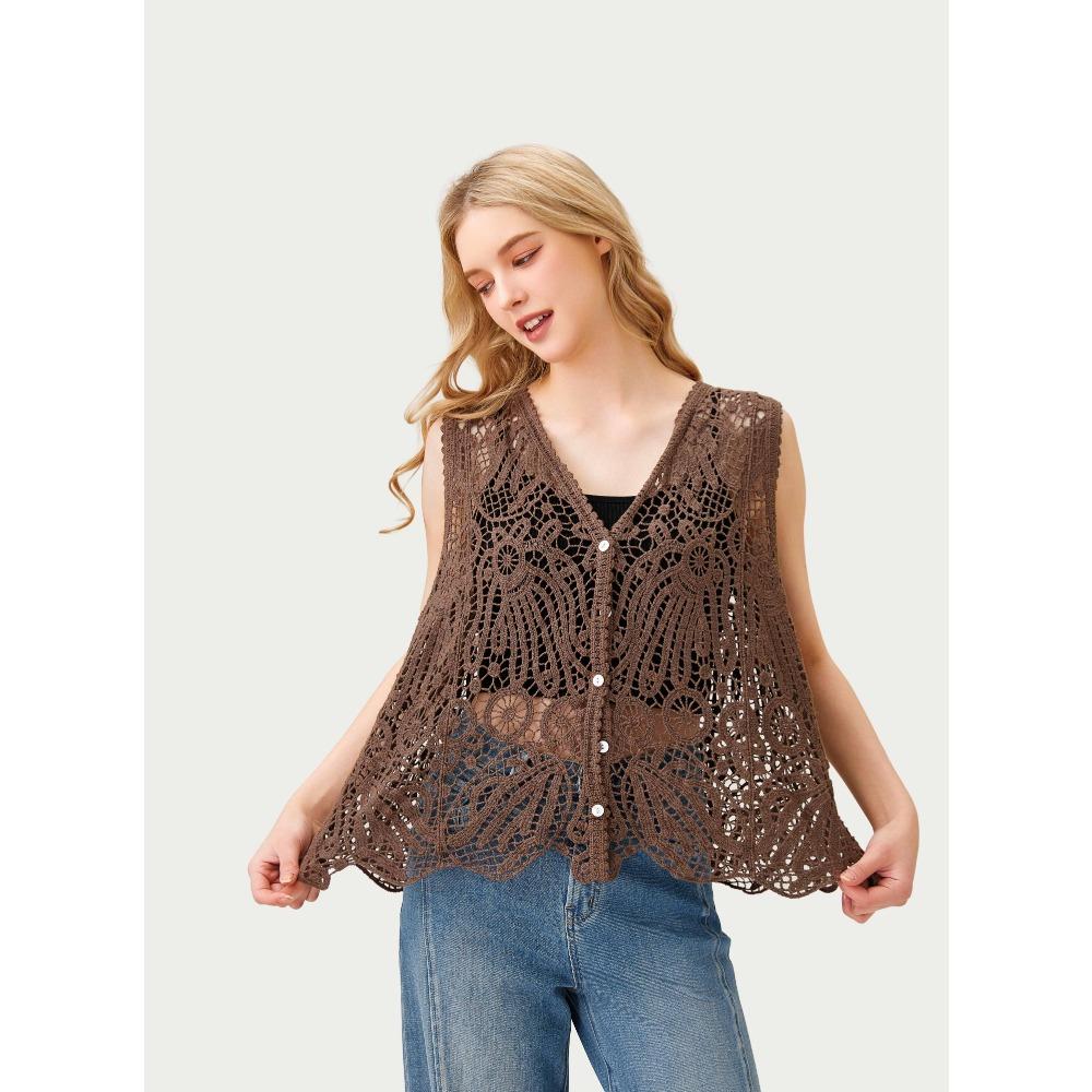 DIMANAF 2026 New T-Shirt Knitting Lace Vest Women Buttons O-Neck Hollow Summer Style Basic Tops Tees Loose Clothing