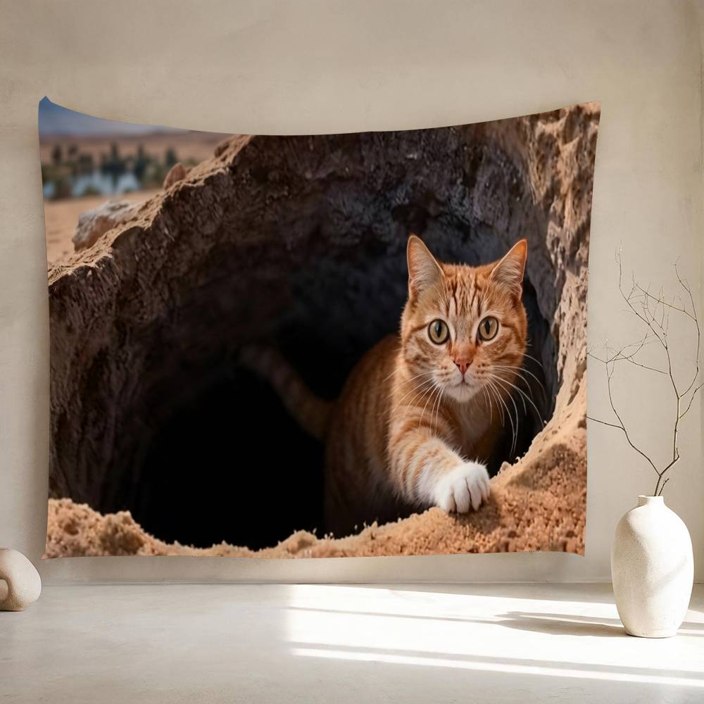 3D Optical Illusion Cat Round Hole Cartoon Tapestry Wall Hanging Decoration Household Home Decor 100X70CM