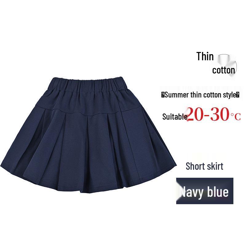 Girls' Black Pleated Cotton Skirt - Navy Blue School Uniform for Middle & Primary Students, Autumn Collection