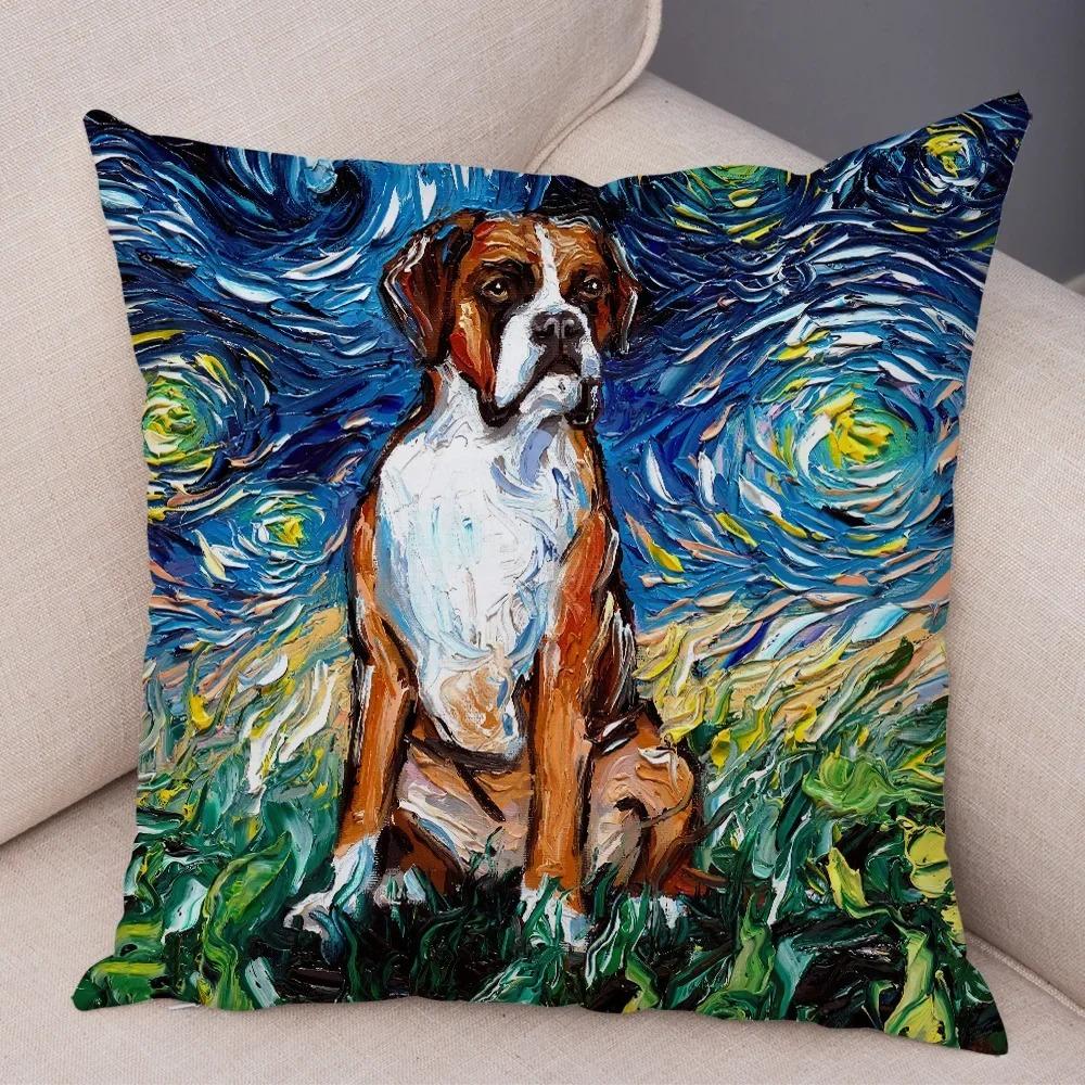 Colorful Oil Painting Pet Animal Pillowcase Starry Sky Art Cartoon Dog Cushion Cover Decorative Sofa