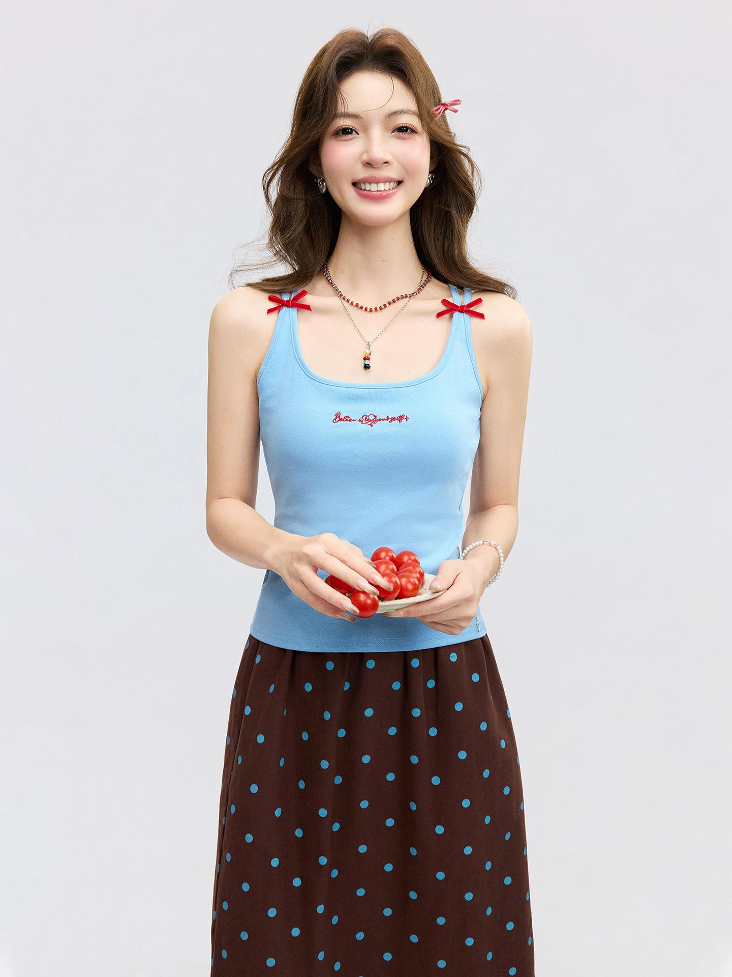 

Blue embroidered sling vest, outer wear with chest pad, spring and summer new inner sleeveless cross back top, women S синий