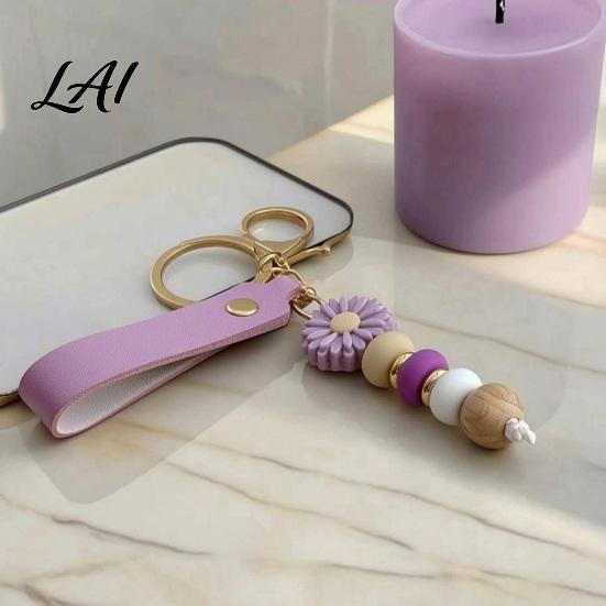 Decorative Handbag Charm Silicone Flower Keychain with Faux Leather Wristlet Car Key Ring Pendant Pendant Backpack Wood Beads Women