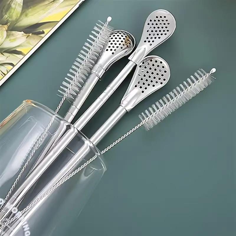 2in1 Stainless Steel Drinking Straw Spoon Yerba Mate Tea Filter Reusable Easy Cleaning Bombilla Gourd Bar Accessories with Brush