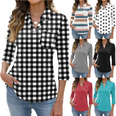 Damen Mode Lässig Revers Kurz 3/4 Ärmel Print Hemd Damen Oberteile