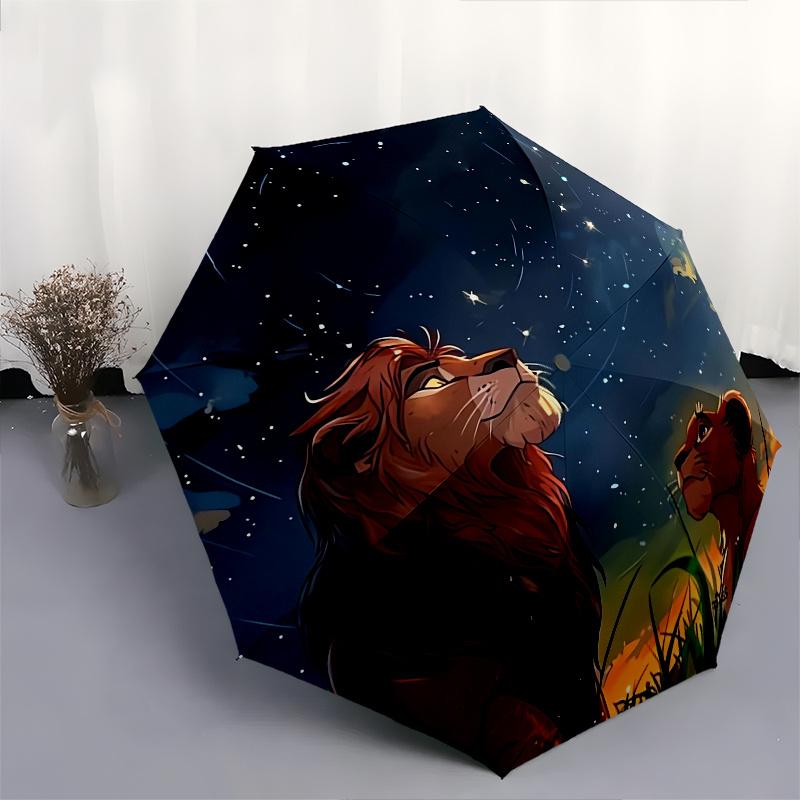 Lion King,Night Sky Fully Automatic Themed Umbrella   8 Ribs Durable Iron Frame, Tri Fold Compact Design, Perfect As a Gift, Travel Umbrella
