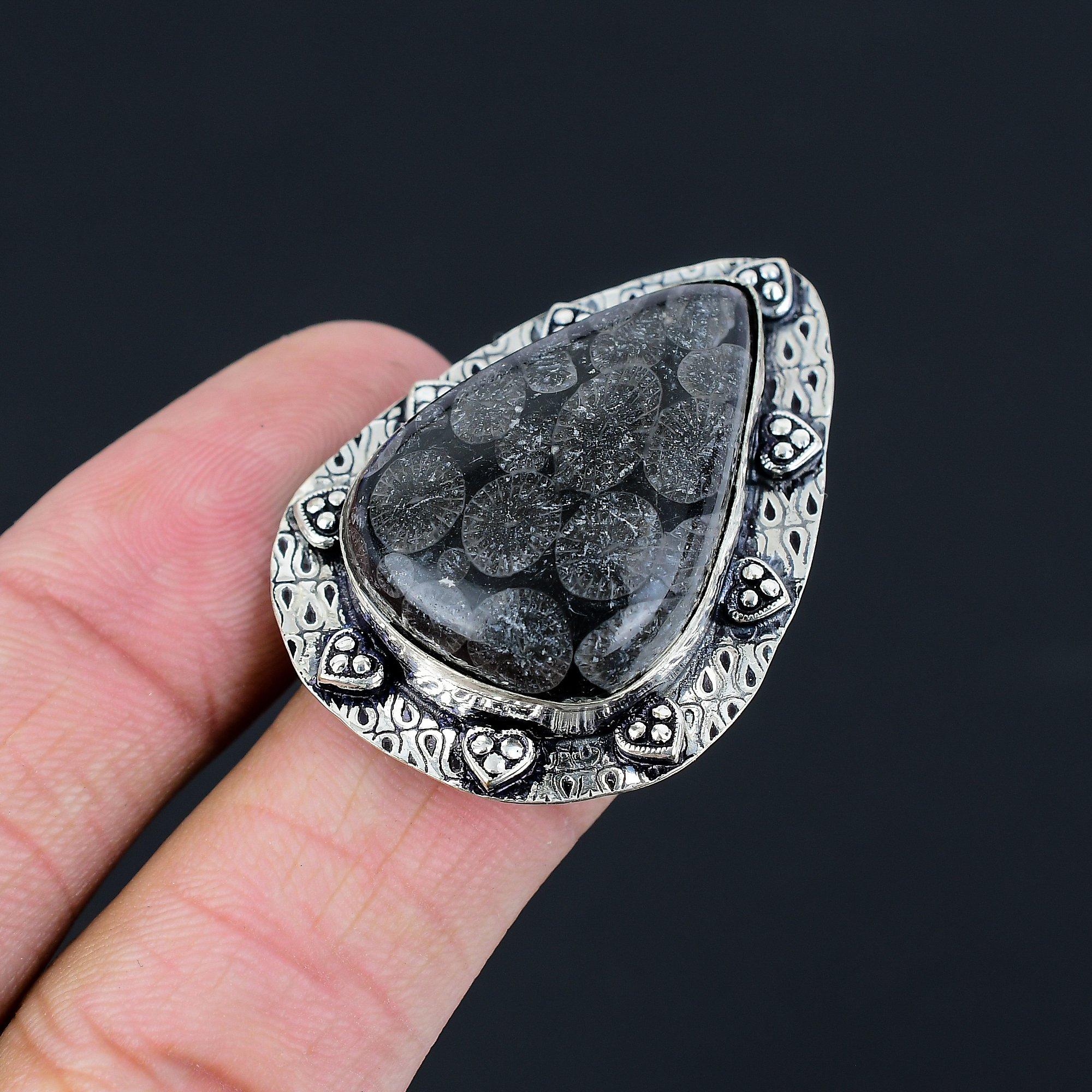 Pear Black Fossil Coral Stone Sterling Silver Boho Stackable Daughter Ring US 9 9