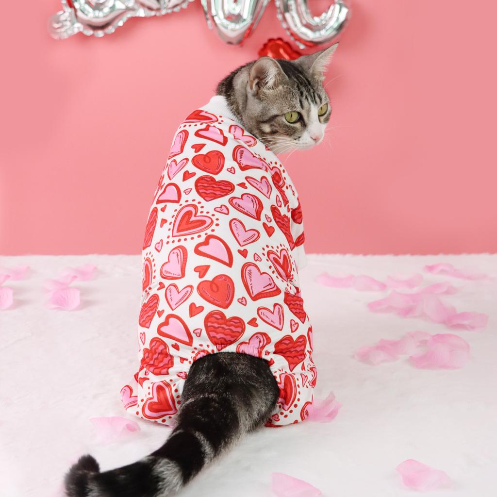 Dog Pajamas with Sweet Pink Wavy Line Hearts Printed Pup Dog Clothes for Small Dogs Girl Boy ,Everyday Dog Pajamas Dogs Jumpsui