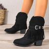 European and American tassel belt buckle western boots, low-heeled suede medium tube women's boots, thick-soled knight boots
