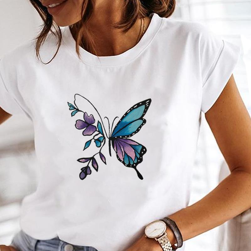 (European Size) Women Tee Top Cute Butterfly Clothing Fashion T-shirt Casual Short Sleeve Print Lady Female Graphic T-shirt