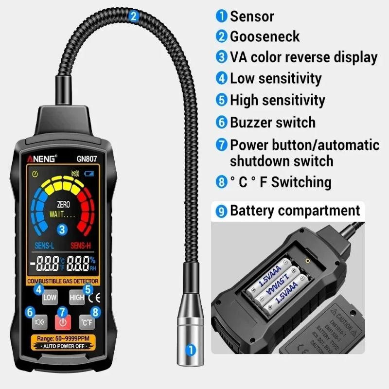 ANENG GN807 Combustible Gas Detector Gas Leakage Tester 50~10000PPM Car Air Conditioner AC Freon Halogen Household NaturalGas Leak Detector with Alarm