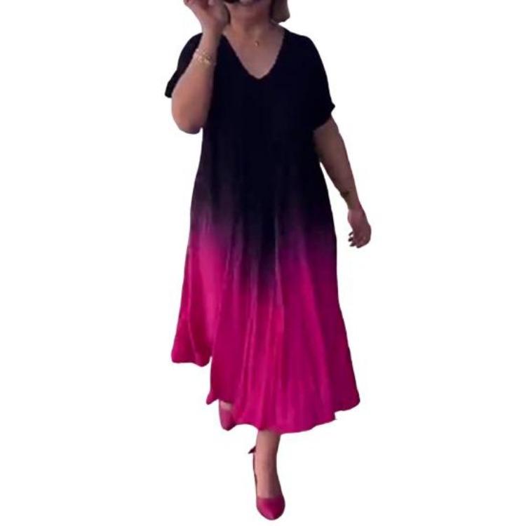 Summer Plus Size Gradient Maxi Dress for Women Loose Long V-neck Short Sleeve A-line Flowy Casual Dress