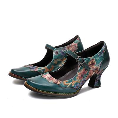 Vintage potlačené vysoké podpätky Pravá koža Špicatá špička Zapínanie na pracku Dámske lodičky Dámske topánky